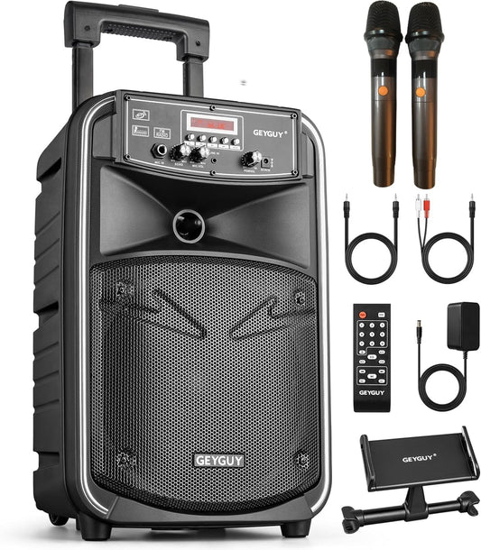 Bluetooth Karaoke Partybox met 2 Draadloze Microfoons – Karaoke Machine – Draagbaar PA-Systeem – Draagbare PA-Luidspreker – Geluidssysteem – 8 Inch Subwoofer en Trolley met Wielen