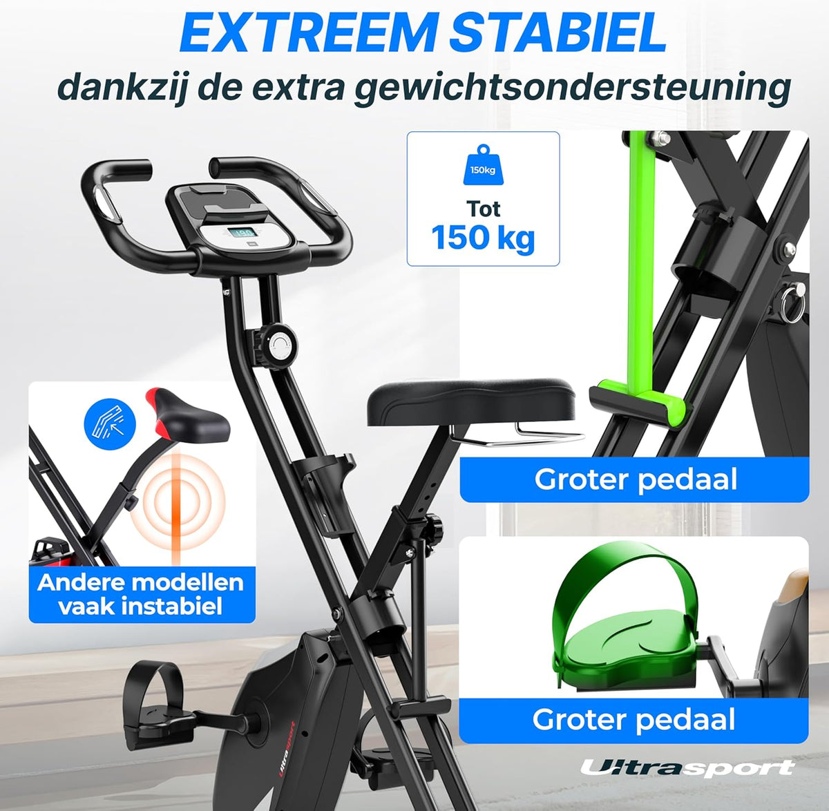 Ultrasport F-Bike Pro Opvouwbare Hometrainer tot 150 KG, met 16 Weerstandsniveaus, Comfortabel Zadel, Extra Stil I Opvouwbare Indoor Hometrainer, Fitnessfietsen, Grijs-Zwart
