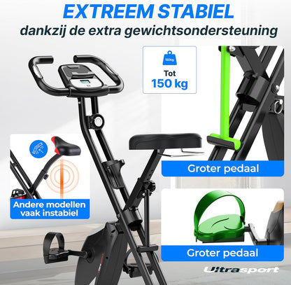 Ultrasport F-Bike Pro Opvouwbare Hometrainer tot 150 KG, met 16 Weerstandsniveaus, Comfortabel Zadel, Extra Stil I Opvouwbare Indoor Hometrainer, Fitnessfietsen, Grijs-Zwart