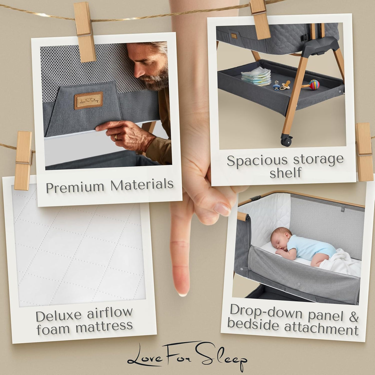 Love For Sleep SnooBee Next To Me Babybed & Babybed – 6 hoogtes, wielen, matras, zijpanelen van ademend mesh met muggennet (0-6 maanden) - grijs/grenen