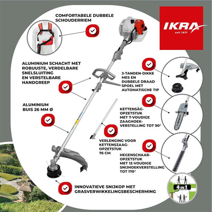 IKRA Benzine multifunctioneel tuingereedschap Multitool IBKH 52-1 4in1: bosmaaier, gazontrimmer, heggenschaar, hoogsnoeier 51,7cm³ 1,5kW