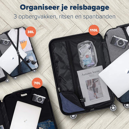 TRVLMORE Kofferset - 3 Delig - 38L Handbagage + 110L Ruimbagage - Lichtgewicht - Trolley - Reiskoffer Set - Roségoud