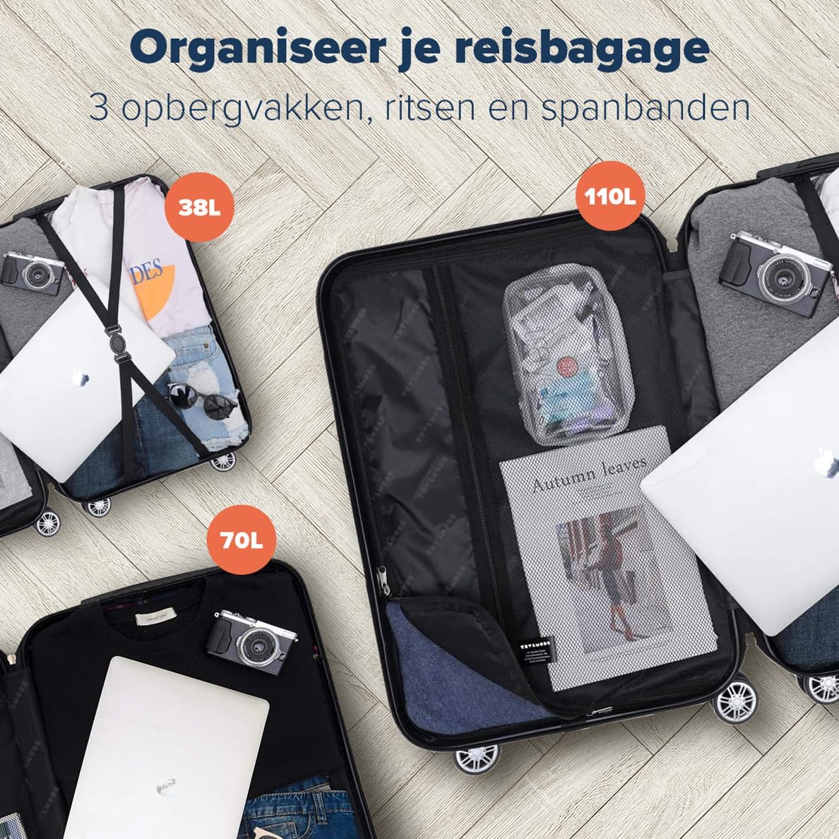 TRVLMORE Kofferset - 3 Delig - 38L Handbagage + 110L Ruimbagage - Lichtgewicht - Trolley - Reiskoffer Set - Donkergrijs