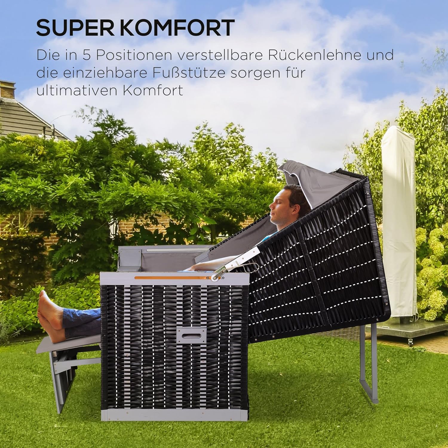Outsunny Beach Chair Sun Lounger with Protective Cover for Cup Holders PE Rattan Grey 118 x 79 x 150 cm - QUORE