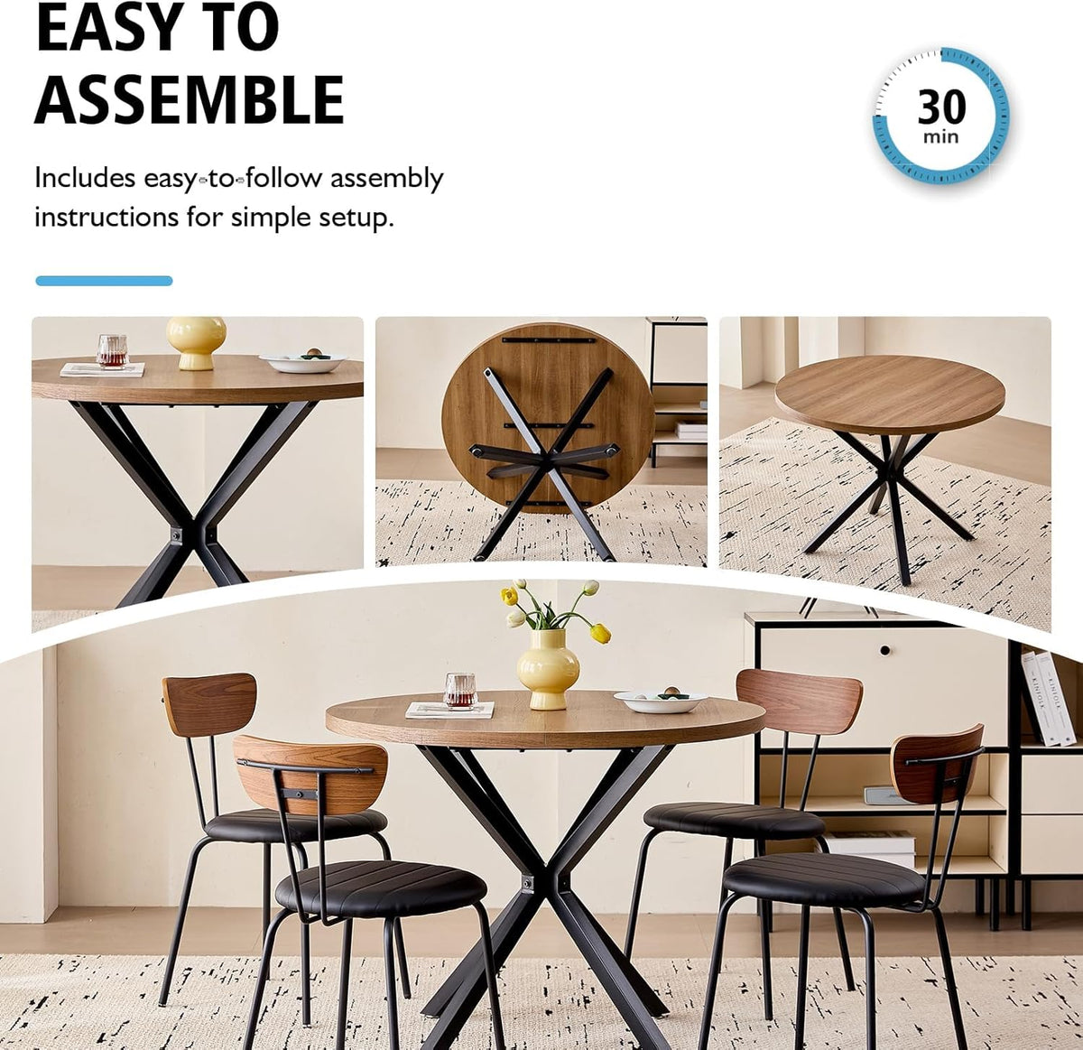 Ronde Eettafel – Eettafel Rond – Keukentafel – Tafel Voor Appartement – Compacte Ronde Tafel – MDF Donker Houtnerf – Stevig X-Onderstel Met Verstelbare Voeten