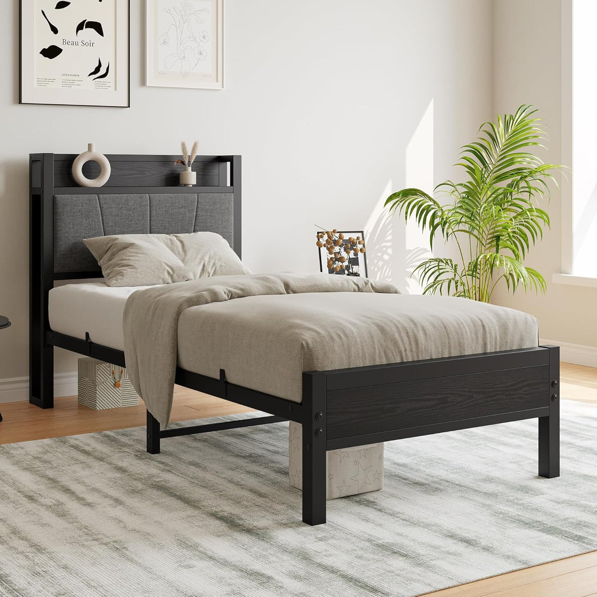 91 cm eenpersoonsbedframe met opberghoofdeinde, zwaar metalen gestoffeerd platformbedframe, matrasstichting/sterke stalen lattenondersteuning/opslag onder bed/eenvoudige montage/zwart