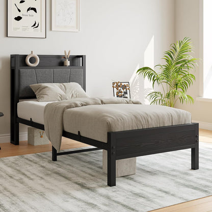 91 cm eenpersoonsbedframe met opberghoofdeinde, zwaar metalen gestoffeerd platformbedframe, matrasstichting/sterke stalen lattenondersteuning/opslag onder bed/eenvoudige montage/zwart