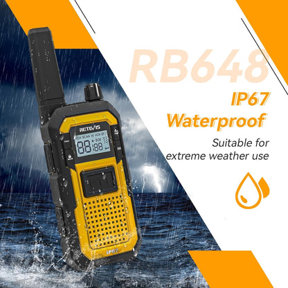Retevis RB648 Walkie Talkie, IP67 Waterdichte Tweewegradio, Dubbele PTT, SOS-Vibratie, 2000mAh, Heavy-Duty Walkie-Talkie met Oortelefoon voor Bouwplaatsaannemers (4 Stuks, Geel)