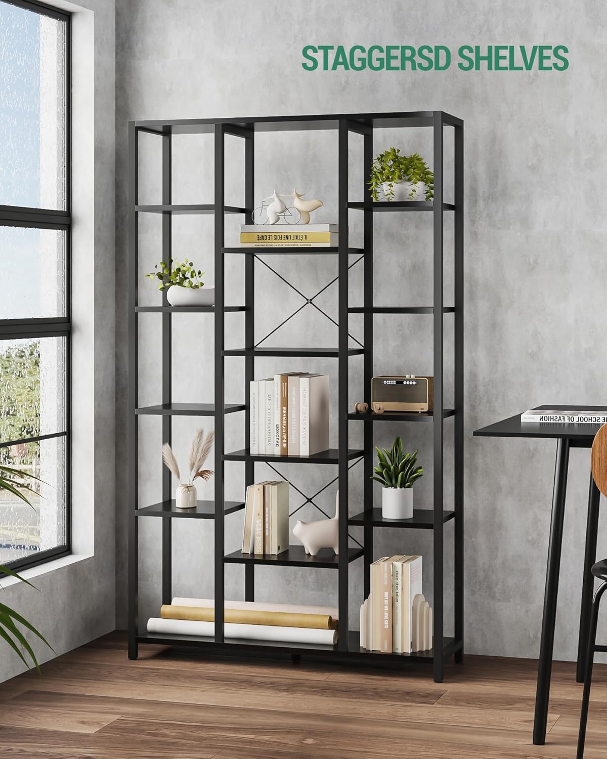 Hzuaneri Bookshelf, 6 Tier Bookcase with 15 Open Shelves, Adjustable Storage Cabinet for Living Room and Home Office, 30 x 100 x 170 cm, Black with Wood Grain BC15004B