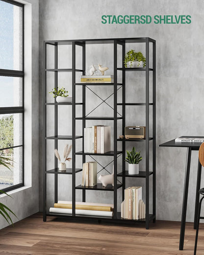 Hzuaneri Bookshelf, 6 Tier Bookcase with 15 Open Shelves, Adjustable Storage Cabinet for Living Room and Home Office, 30 x 100 x 170 cm, Black with Wood Grain BC15004B