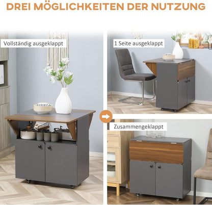 HOMCOM Dining Table Folding Table with Wheels Kitchen Table with Two Folding Table Tops Dining Room Table Sideboard with Storage for Living Room Kitchen Chipboard Light Grey+Dark Brown 70 x 83 x 75 cm - QUORE