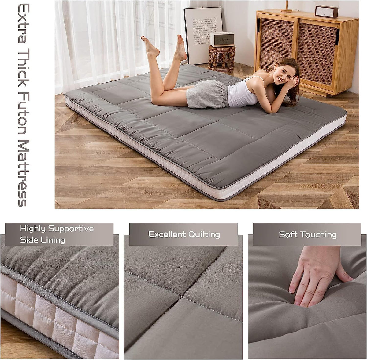 Maxyoyo Futonmatras, gewatteerde Japanse vloermatras, gewatteerde bedmatras, extra dik, opvouwbaar, ademend, vloerbed, logeerbed voor camping of bank, turquoise, 90 x 190 cm