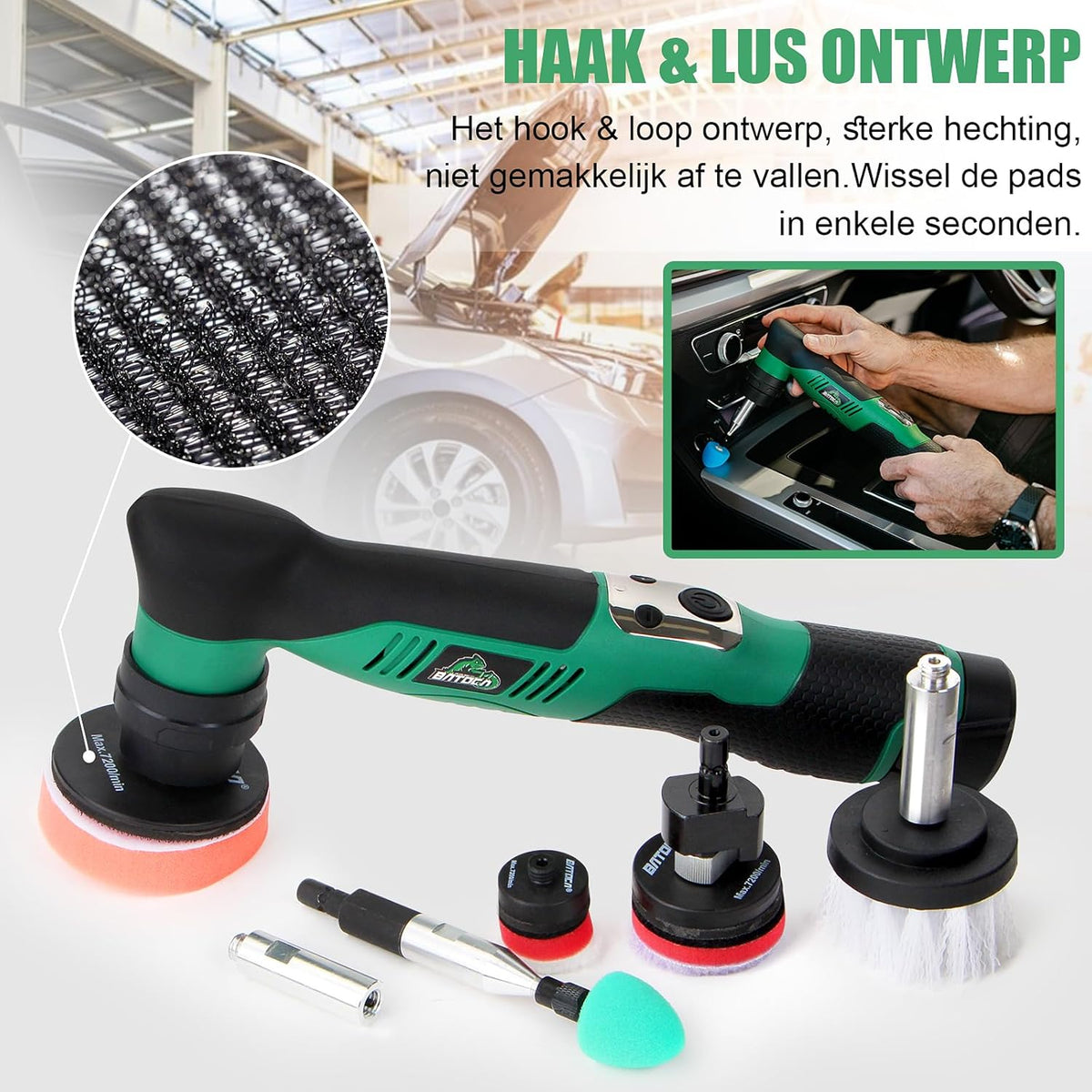 BATOCA S5 Snoerloze Auto Polijstmachine Mini Polijstmachine met 2 12V 2.0Ah Batterijen Roterende & Orbitale Auto Polijstmachine 25mm/50mm/75mm Polijstpads 6 Snelheden 2000-5500RPM voor Auto Detailing