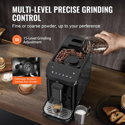VEVOR Automatische espressomachine, professionele espressomachine 15 bar met geïntegreerde molen, 15 maalstanden, met 1,5 l waterreservoir en 180 g bonentrechter, voor kantoor