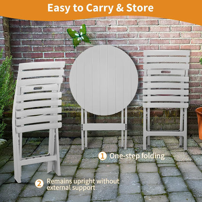 Plastic opvouwbare bistroset, 3-delige terrasbistroset, draagbare binnentafel en stoelen met rugleuning, opvouwbare terrasmeubelset voor balkon, veranda, achtertuin, tuin, zwembad (wit)