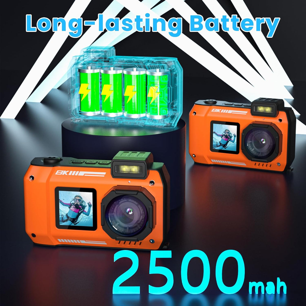 Verbeterde 8K 70MP onderwatercamera met 32G-kaart, 33FT waterdicht, robuust, stofdicht schokbestendig voor snorkelen, selfie digitaal voor duiken, dual-screen fotografie