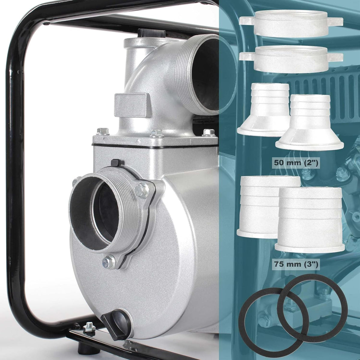 Wiltec benzine vuilwaterpomp 4 kW 48.000 l/h met 4-takt motor, afvoerpom met 28 m opvoerhoogte, waterpomp tuinpomp met 80 mm (3") aansluiting