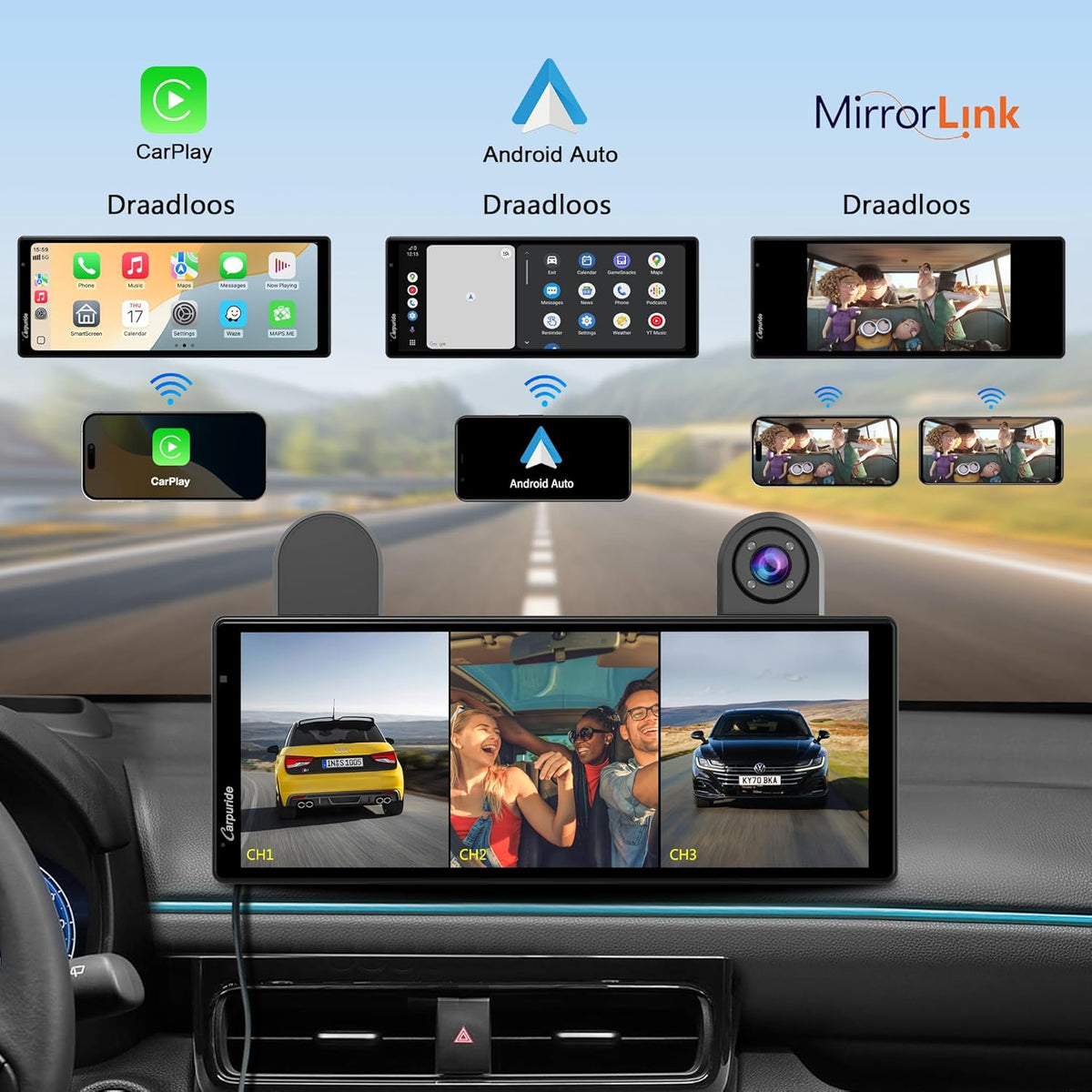 Carpuride W903S Draagbare Draadloze CarPlay & Android Auto met Dash Cam - HD IPS-Scherm, 4K-Frontcamera + 1080P-Achtercamera + 1080P-Infraroodcamera, Loop-Opname, Bluetooth, GPS, Siri, Muziek