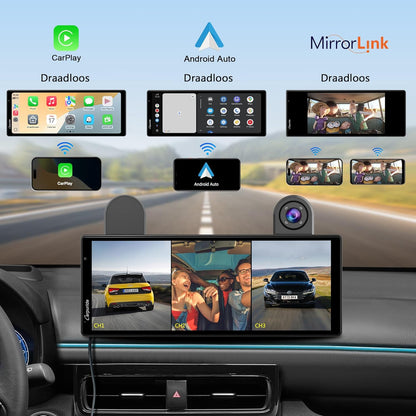 Carpuride W903S Draagbare Draadloze CarPlay & Android Auto met Dash Cam - HD IPS-Scherm, 4K-Frontcamera + 1080P-Achtercamera + 1080P-Infraroodcamera, Loop-Opname, Bluetooth, GPS, Siri, Muziek