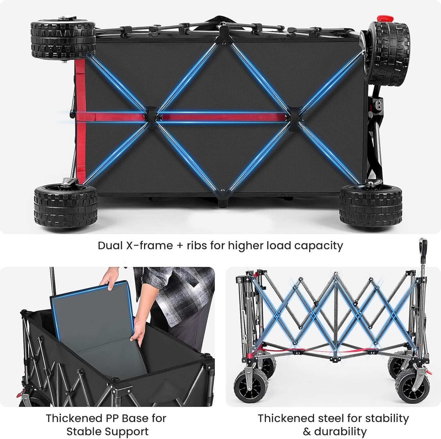 YEAUPE PRO Bolderkar, opvouwbaar, 170 liter, 120 kg, opvouwbare bolderkar met parkeerrem, 4-weg opvouwbaar, in hoogte verstelbaar, voor camping, strandwagen, tuin, winkelen, zwart
