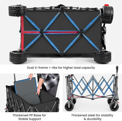 YEAUPE PRO Bolderkar, opvouwbaar, 170 liter, 120 kg, opvouwbare bolderkar met parkeerrem, 4-weg opvouwbaar, in hoogte verstelbaar, voor camping, strandwagen, tuin, winkelen, zwart