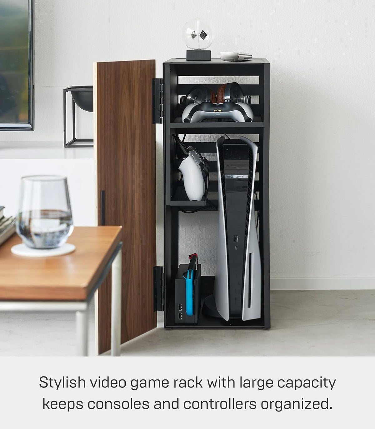 Yamazaki 2110 TOWER Game Console Organizer, black, Steel/Wood/Magnet/Silicone, 24.7 x 36.5 x 60.3 cm
