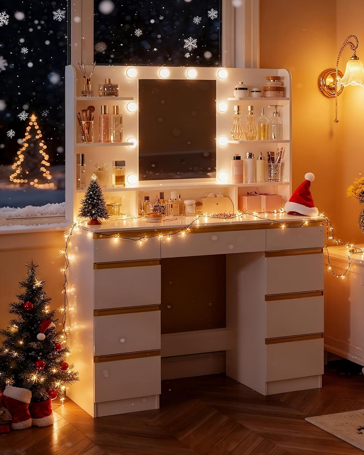 Hzuaneri Large Dressing Table with LED Lighting, 10 LED Globes, 3 Colors, Adjustable Brightness, Dressing Table with Mirror, 9 Drawers, 9 Open Shelves, Modern Style, White-GoldDT35703X
