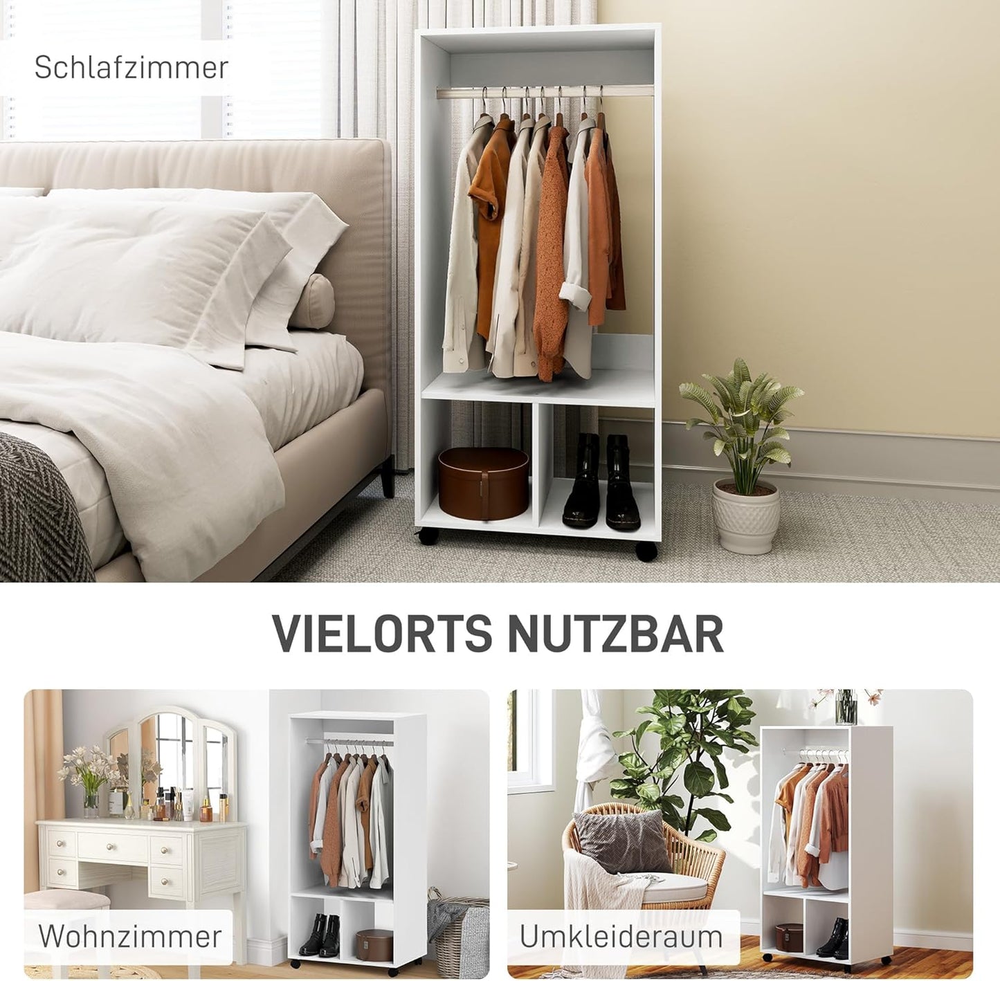 HOMCOM Mobile Wardrobe Wardrobe with Shelf 4 Casters for Living Room Bedroom, Aluminum Alloys, 60 x 40 x 128 cm, White - QUORE