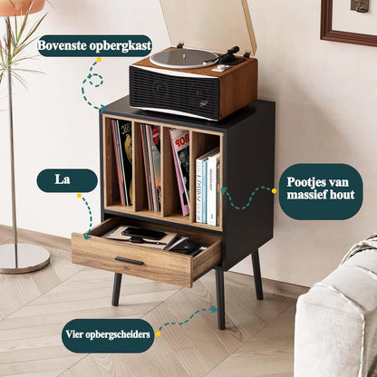 Semiocthome Platenspelerstandaard met opbergkist van vinyl voor maximaal 160 albums, platenspelertafel met lade en massief houten poten, bijzettafel voor draaitafels voor woonkamer slaapkamer