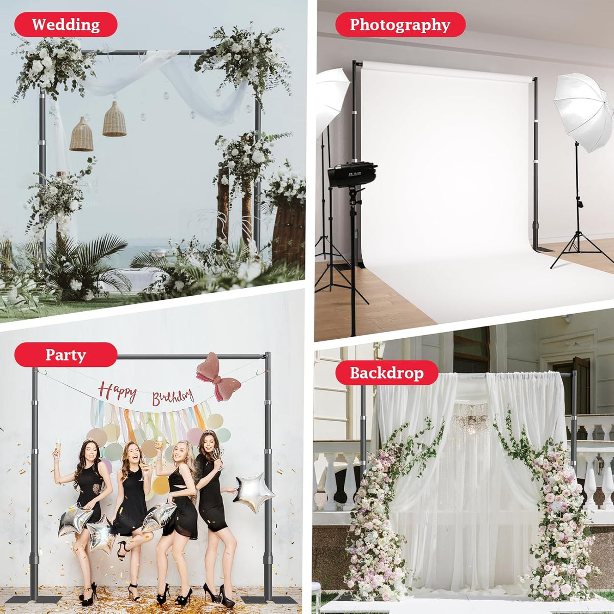 EMART Fotobackground Standaard Stabiel 2,6x3m, Grote Aanpasbare Trouwboog voor Fotostudio, Huwelijk, Banket, Verjaardagsdecoratie, Ballonstand - Zwart