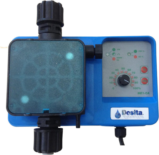 Analoge elektromagnetische doseerpomp met constante dosering met instelbare stroom voor het doseren van vloeistoffen, model ME1-CA - 5 l/h bij 9 bar 230 VAC, PP-kop met Viton-afdichtingen