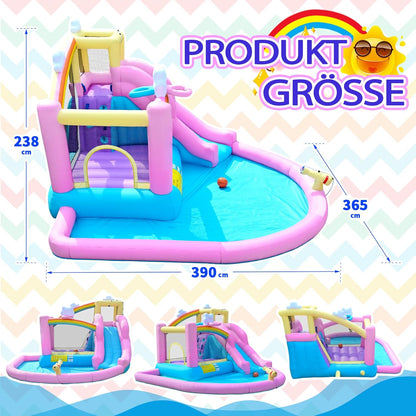 Opblaasbaar springkasteel met waterglijbaan, klimwand, basketbalkorf en kinderbadje, incl. ventilator, outdoor voor kinderen, ideaal voor tuin, 365 x 390 x 238 cm - QUORE