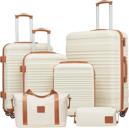 COOLIFE Kofferset, trolley, koffer, ABS, harde schaal, reiskoffer, 4 wielen, TSA-slot, intrekbare trolley, de koffer bevat 1 reistas en 1 toilettas, wit/bruin., Koffer-Set 6tlg, Harde trolley koffer