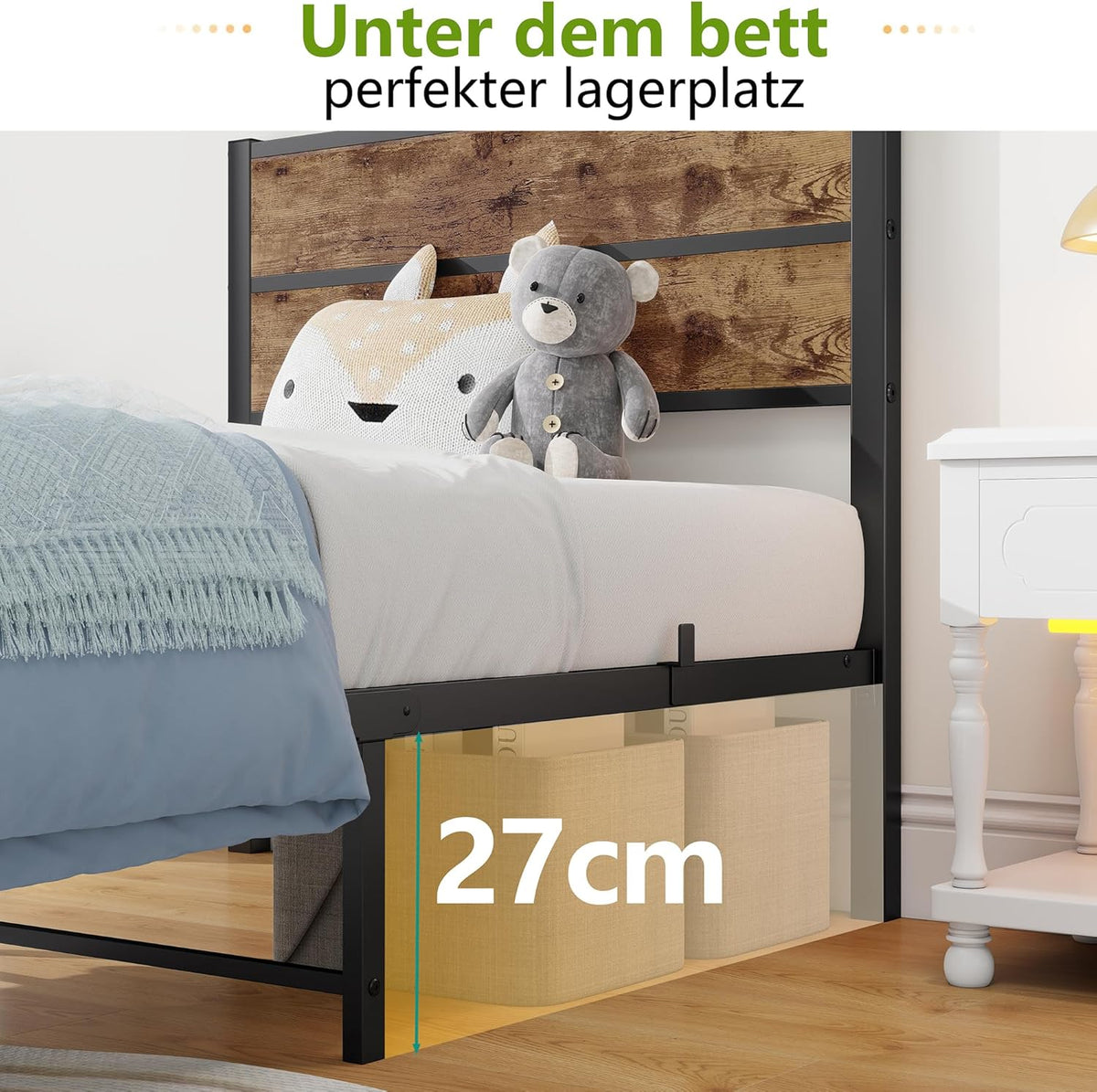 Eenpersoonsbed 90 x 200 cm met houten hoofdeinde, bedframe met lattenbodem van metaal, eenpersoonsbed, metalen bed, eenpersoonsbed, 90 x 200 cm met opbergruimte, robuust en stabiel, bruin