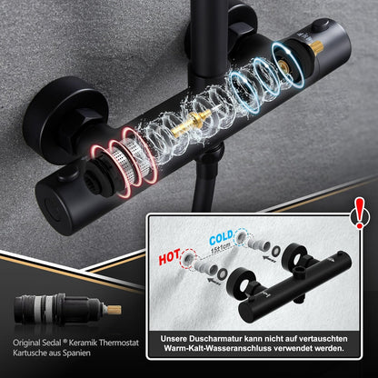 Douchesysteem – Doucheset – Regendouche – Thermostaatkraan – Douchekolom – Hoogte Verstelbaar – 30x30 cm Regendouchekop – Veiligheidsstop 38°C
