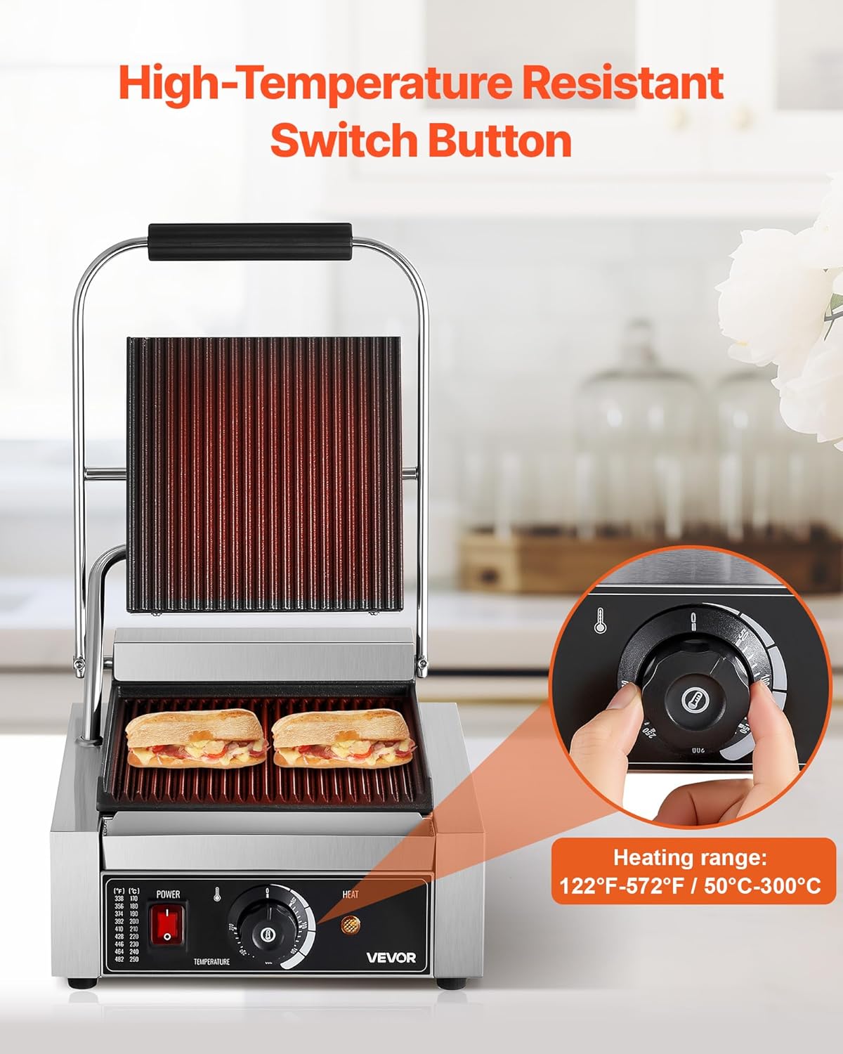 VEVOR Panini Panini Elektrische grillplaat, 1800 W, van roestvrij staal met handvat en temperatuurregeling, geribbeld, geëmailleerd, plat, 22 x 23 cm, voor steak en pancetta