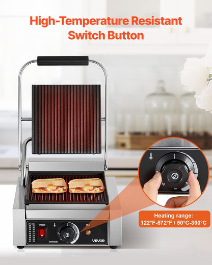 VEVOR Panini Panini Elektrische grillplaat, 1800 W, van roestvrij staal met handvat en temperatuurregeling, geribbeld, geëmailleerd, plat, 22 x 23 cm, voor steak en pancetta