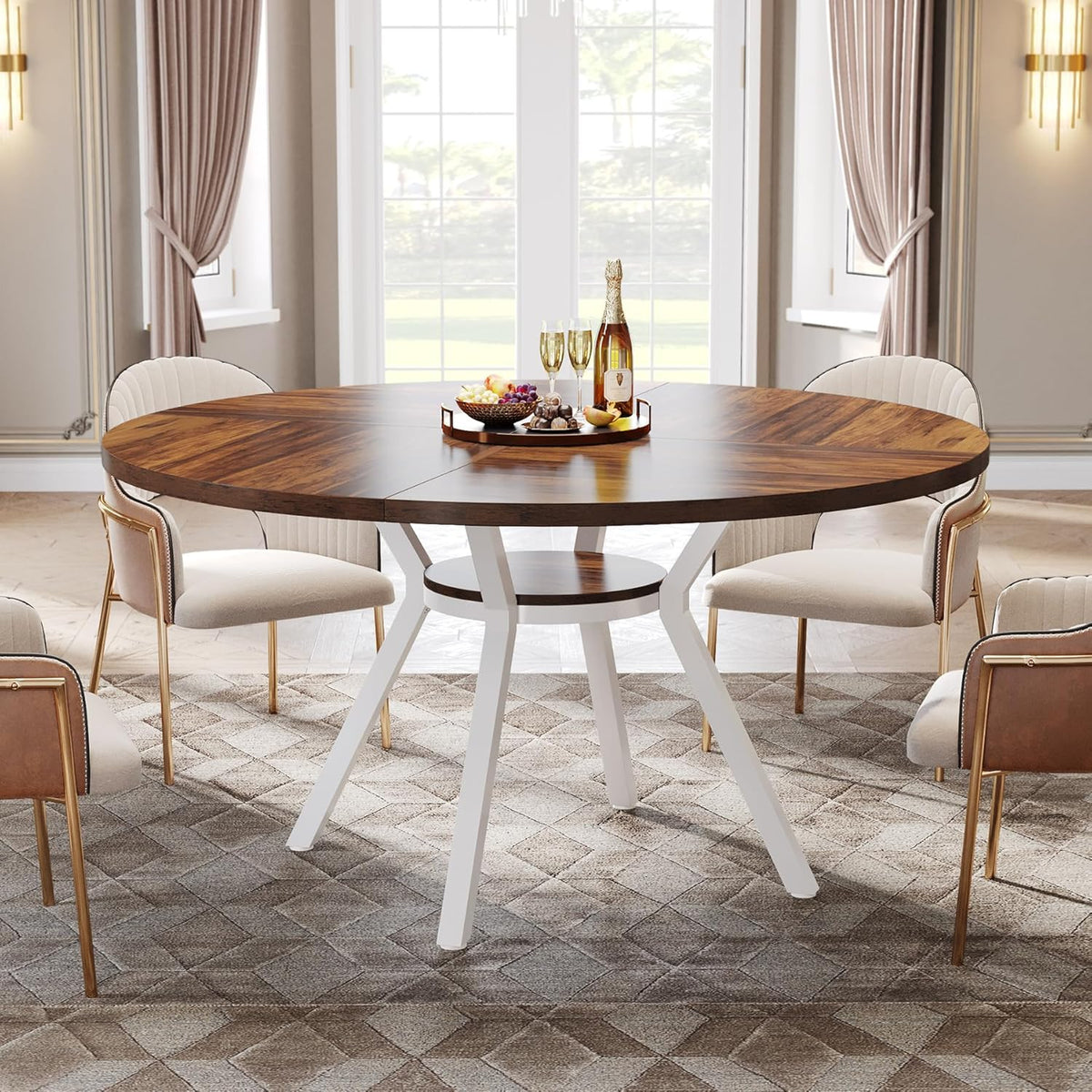 Tribesigns Round Dining Table for 4 People, 120 cm, Round Dining Table with Metal Base, Kitchen Table with Storage Compartment for Home, Dining Room, Living Room, White (Brown)