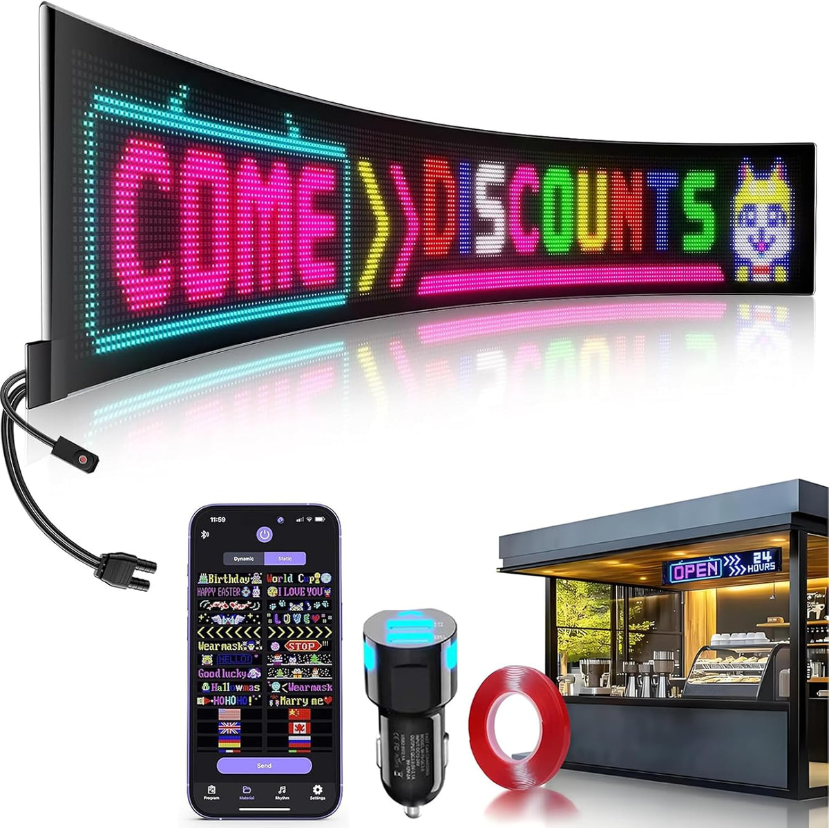 Flexibel led-displaybord, 99 x 20 cm, programmeerbaar RGB-loopschrift via Bluetooth Smart app, full-colour Devil Eyes Matrix paneel, voor autostyling, bar, reclame, restaurant, winkel, feestdecoratie