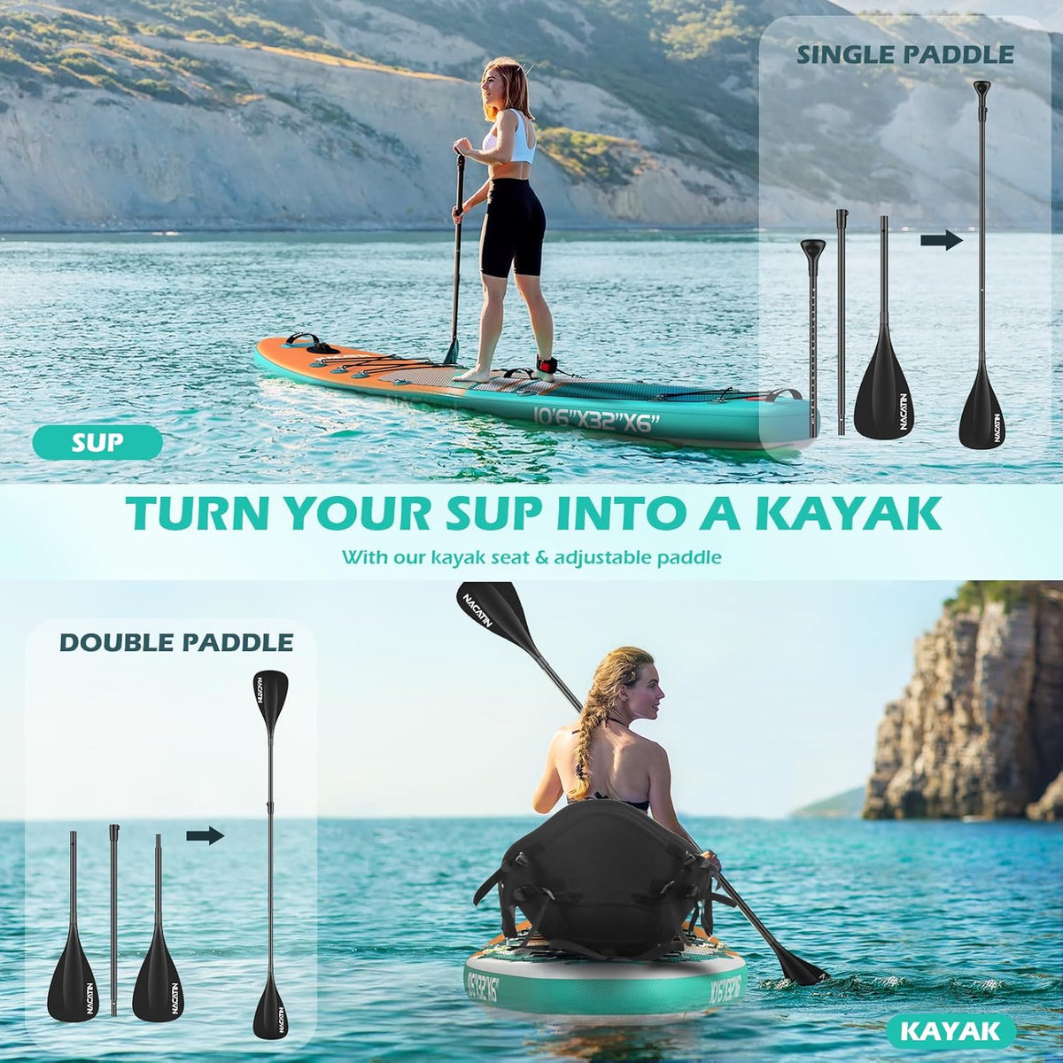 <font dir="auto" style="vertical-align: inherit;"><font dir="auto" style="vertical-align: inherit;">        NACATIN Inflatable stand-up paddle boards 10'6 inch with adjustable paddle, travel backpack, pump, waterproof bag 10L, leash, accessories included