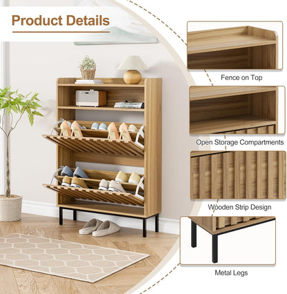 Schoenenkast – Schoenenrek – Schoenenopberger – Schoenenmeubel – Schoenenkastje – Hout – Verstelbare Planken – 80x24x117 cm – Natuurlijk Hout – Kantelbeveiliging