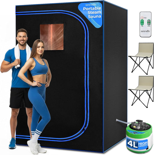 SereneLife Draagbare Sauna –Thuissauna Spa- 2-Persoons Stoomsauna Tent met 4L Stomer- 2 Opvouwbare Sauna Stoelen- Afstandsbediening-180 x 120 cm - Zwart