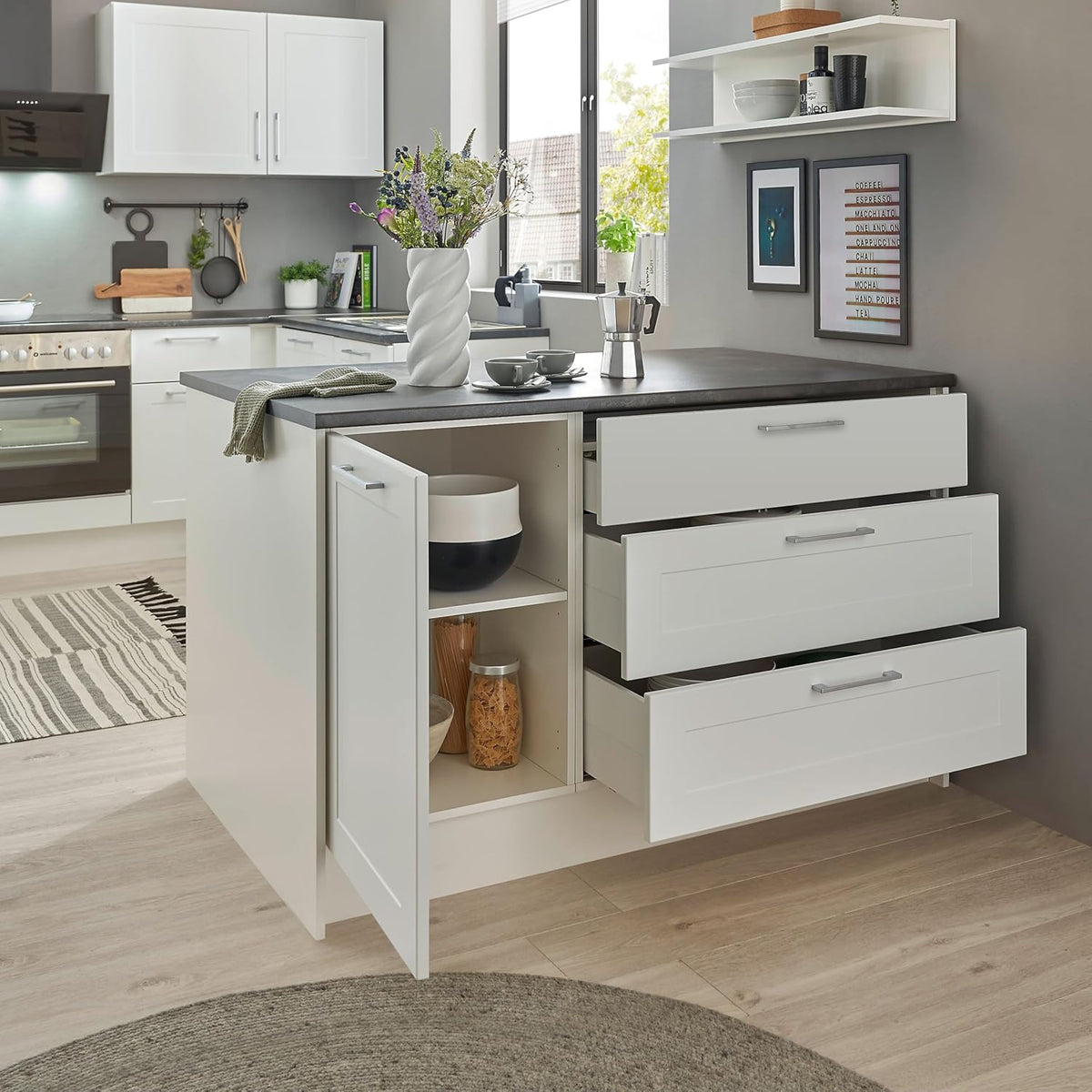 Keukeneiland – Kücheninsel – Keukenblok – Keukentrolley – Werkbank – Modern Mat Wit – Metallic Bruin Werkblad – Ruime Opbergruimte – 145 x 90 x 90 cm