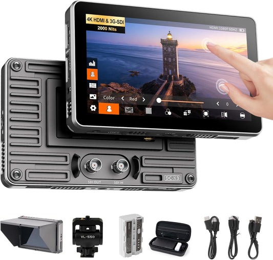 VILTROX DC-X3 2000Nits SDI Camera Field Monitor, 6 inch 4K HDMI Touchscreen Draagbare On Camera Video Monitor met Zonnekap 2200mAh Batterij, Full HD 1920x1080, 3D Lut, RGB Parade, Focus Peaking