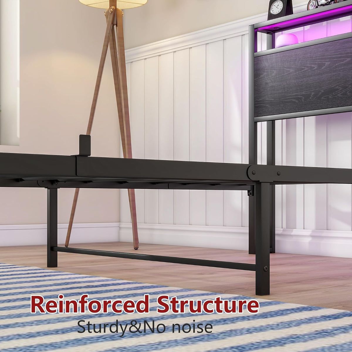 HOJINLINERO Eenpersoonsbedframe met opbergplank, hoofdeinde en LED-verlichting, metalen platformbedframe met oplaadstation, matrasbasis/sterke latten ondersteuning/opbergruimte onder bed/eenvoudige