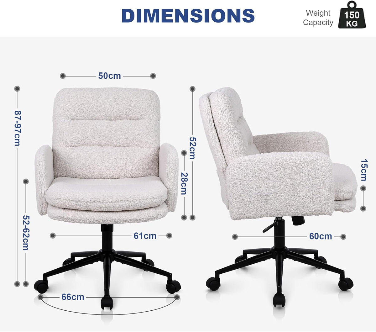 Youhauchair Bureaustoel, Imitatie Kasjmier Office Chair, Comfortabele Make-up Stoel met Verstelbare Hoogte, Ergonomic Chair Bureaustoelen voor Thuis en Slaapkamer, Creme