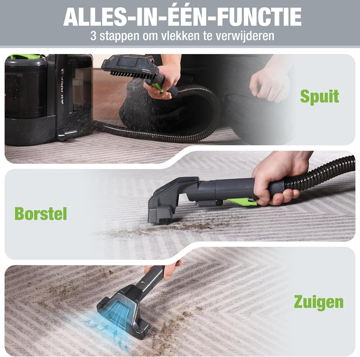 WORKPRO Tapijtreiniger 450W 13kPa, Waszuiger 1,6L met Reinigingsmiddel en 2 Borstelkoppen, Bekledingreiniger voor Tapijt, Bank, Auto