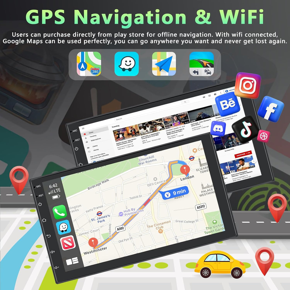 2+64G Motorsi Auto Radio 2 din Android met GPS -Navigatie, Bluetooth Dubbele din Radio Auto met Scherm, Stereo Auto Support Mirrorlink/FM/WIFI/USB/SWC + Achteruitrijcamera + Microfoon