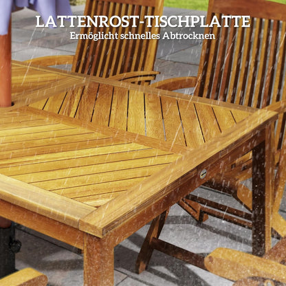 Outsunny Gartentisch klappbar 150x85cm, Wetterfest Balkontisch aus Holz, 6 Persons Klapptisch mit Schirmloch, Lamellendesign Esstisch Outdoor, Beistelltischisch, Terrassentisch für Garten Balcony Teak - QUORE
