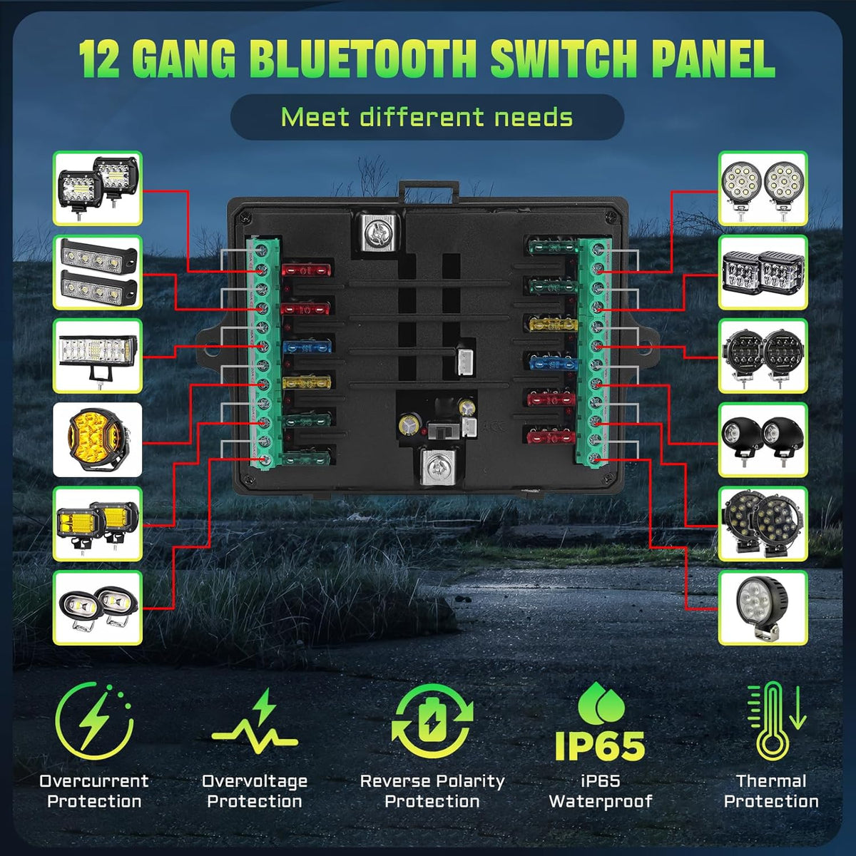 Chelhead 12-gangs schakelpaneel met 80A RGB-app-bediening, multifunctioneel, dimbaar, bluetooth, afstandsbediening, waterdicht, universeel